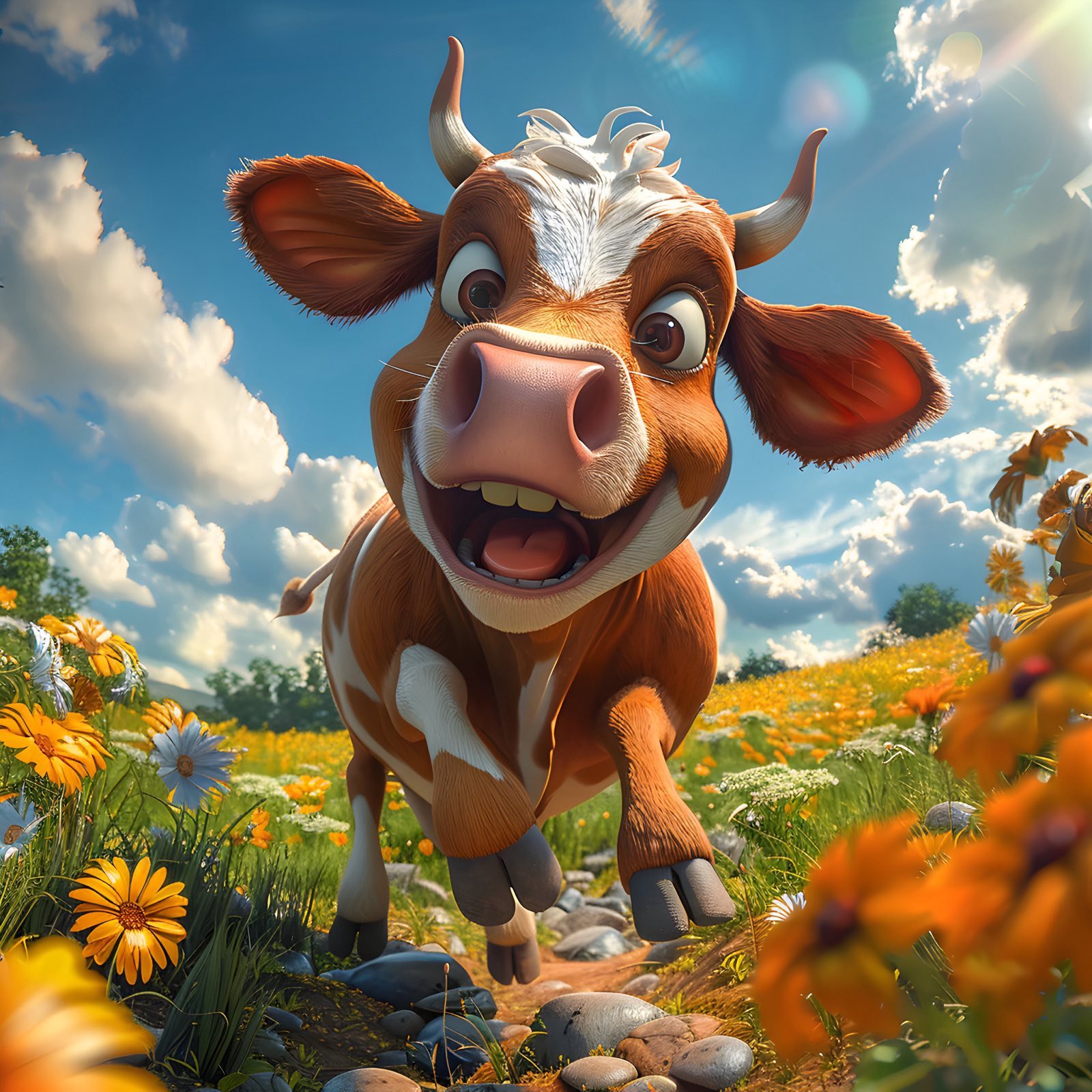 Kuhli, die 3D-Comic-Kuh, springt über eine Blumenwiese